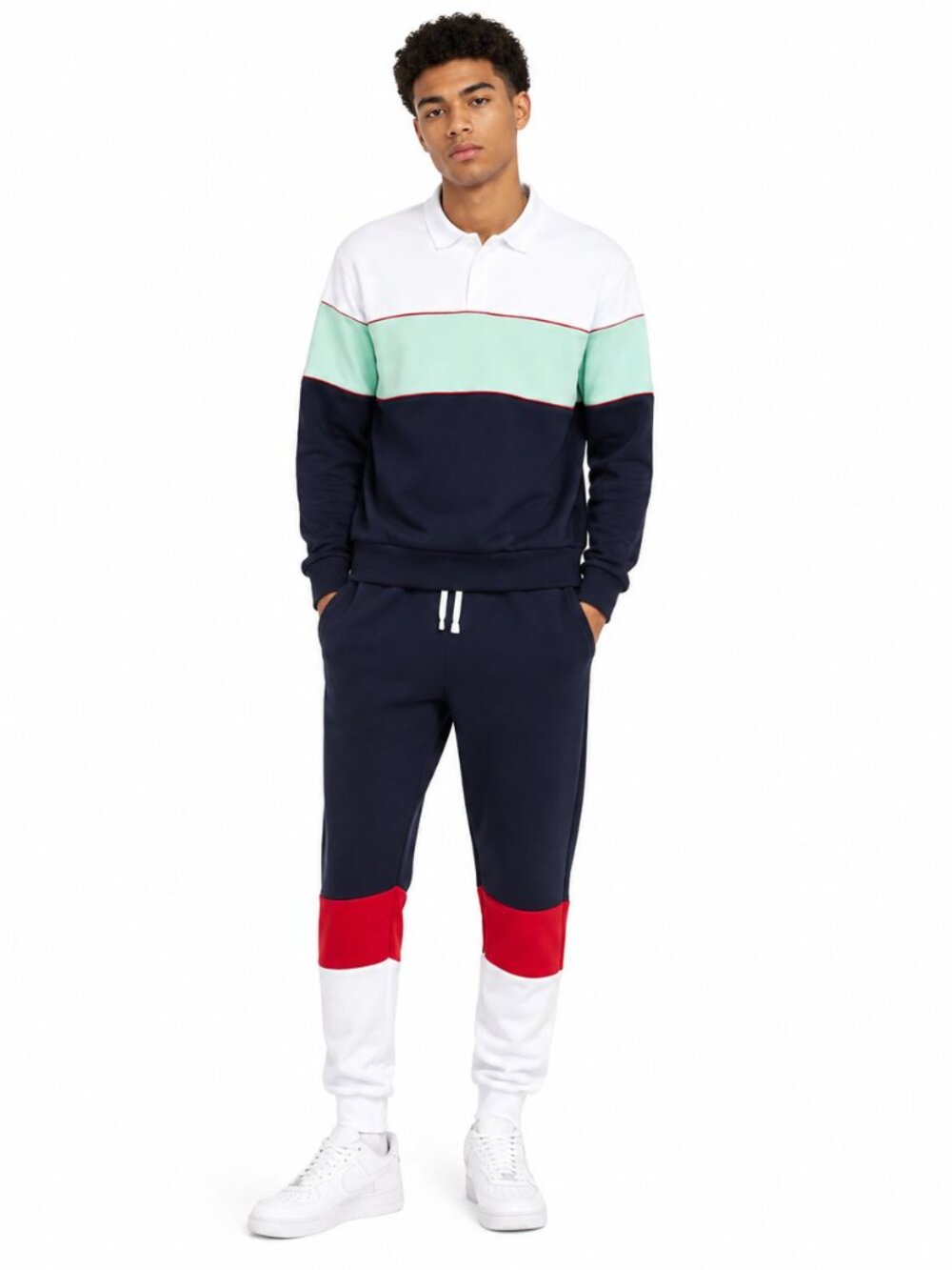 Men's Color Block Sweat Suit Set Navy White Mint Red Jogger Pants Pullover Loung